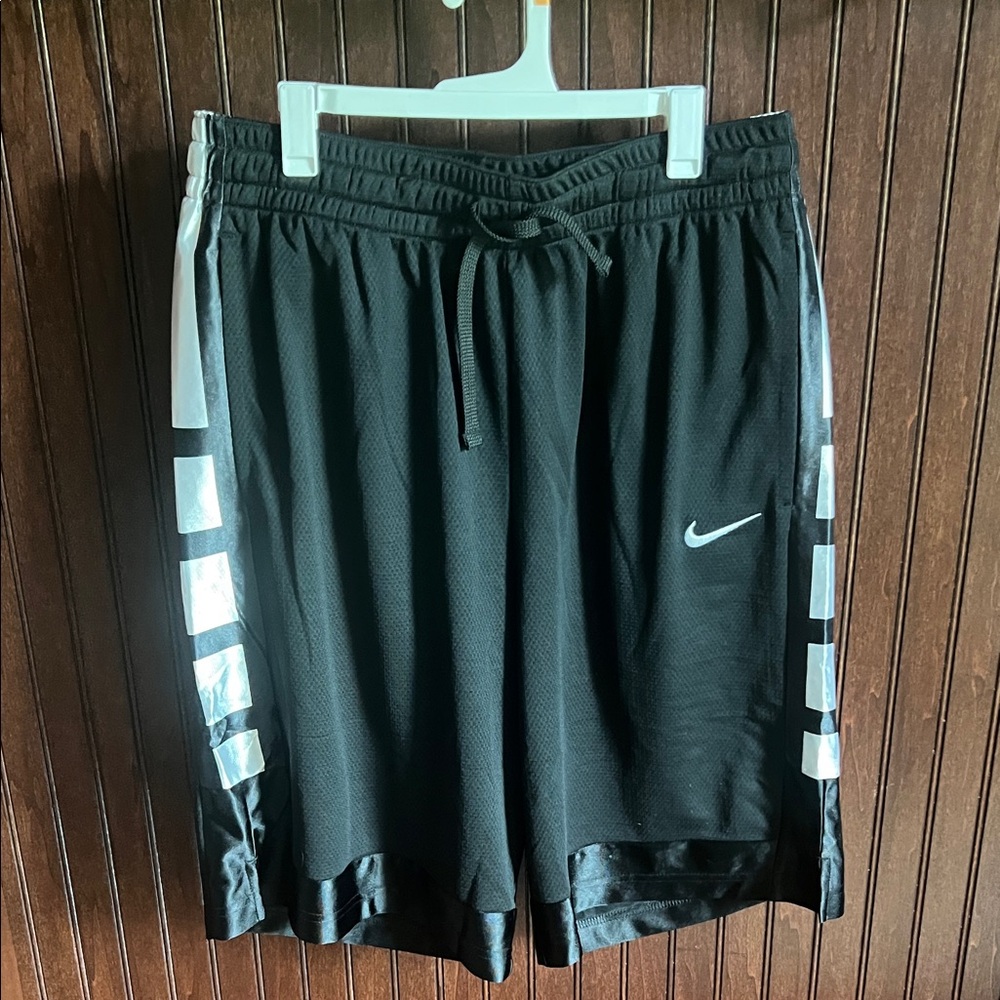 Nike Black Athletic Shorts with White Side Accents and Black Satin Trim